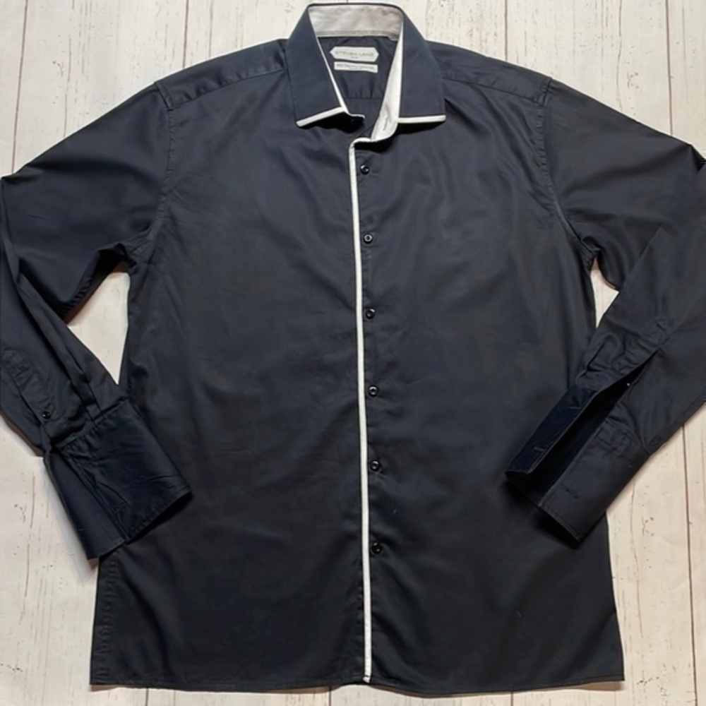 Steven Land Elite men’s button-down black long sleeve shirt. Size L.  16 neck